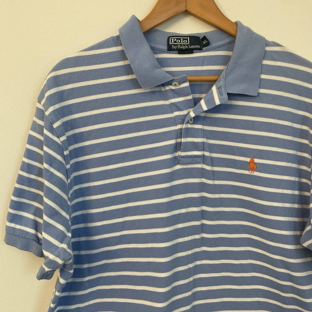 Polo Ralph Lauren Shirt XL Blue White Striped Orange‎ Pony Preppy Cotton Mens XL